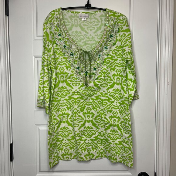 Soft Surroundings Beaded Tunic Top Womens Small Relaxed V-Neck Green 100% Cotton - Picture 2 of 15